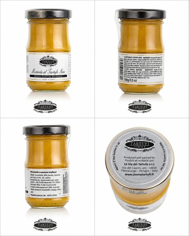 Włoska mostarda z czarnymi truflami Tartufi Jimmy 100 g. Aromatyczny dodatek do mięs, serów, burgerów, kanapek, warzyw, frytek i pinsy.
