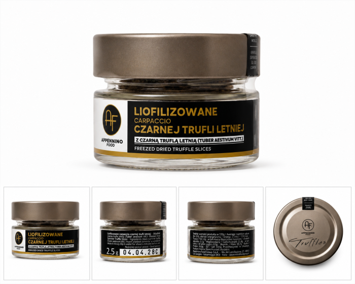 Liofilizowane carpaccio z czarnej trufli letniej Appennino 2,5 g. Aromatyczne plasterki Tuber aestivum do risotto, makaronów, jajek, mięs i dań gourmet.