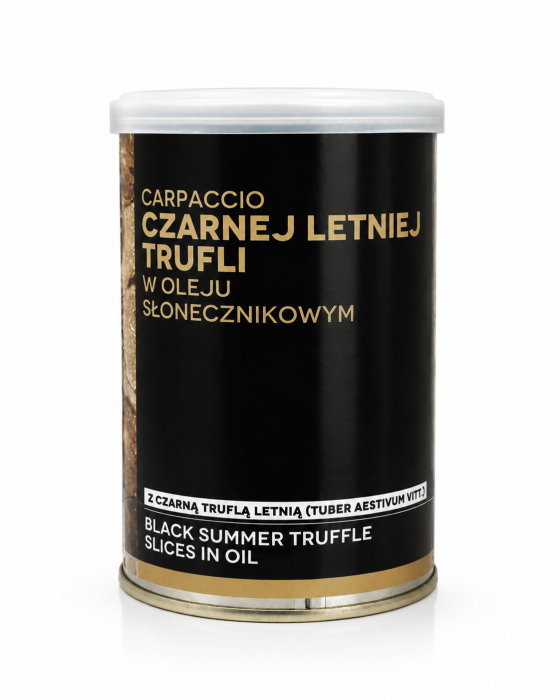 Carpaccio z czarnej letniej trufli w oleju słonecznikowym 350 g. Trufla Tuber aestivum 40%, bez glutenu. Do makaronów, risotto, jajek, mięs, pinsy i dań gourmet.