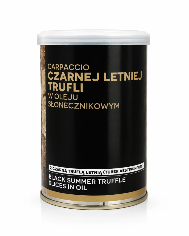 Carpaccio z czarnej letniej trufli w oleju słonecznikowym 350 g. Trufla Tuber aestivum 40%, bez glutenu. Do makaronów, risotto, jajek, mięs, pinsy i dań gourmet.