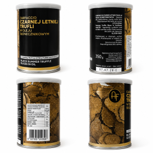 Carpaccio z czarnej letniej trufli w oleju słonecznikowym 350 g. Trufla Tuber aestivum 40%, bez glutenu. Do makaronów, risotto, jajek, mięs, pinsy i dań gourmet.