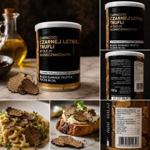 Carpaccio z czarnej letniej trufli w oleju słonecznikowym 350 g. Trufla Tuber aestivum 40%, bez glutenu. Do makaronów, risotto, jajek, mięs, pinsy i dań gourmet.
