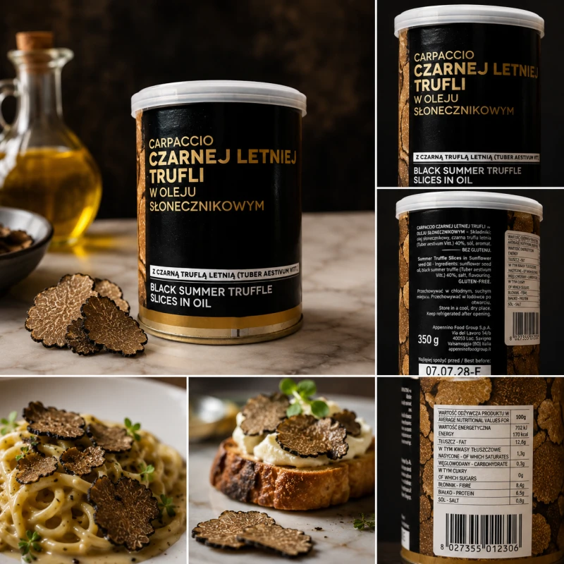Carpaccio z czarnej letniej trufli w oleju słonecznikowym 350 g. Trufla Tuber aestivum 40%, bez glutenu. Do makaronów, risotto, jajek, mięs, pinsy i dań gourmet.