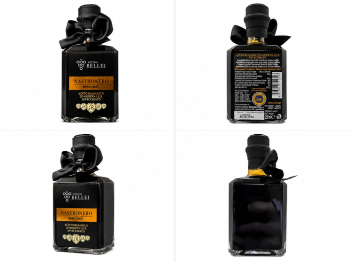 Ocet balsamiczny z Modeny IGP Nastro Nero Bellei 250 ml. Gęsty, dojrzały balsamico do serów, mięs, warzyw, sałatek, owoców i deserów.