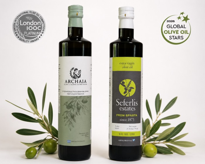 ARCHAIA i Seferlis Estates, oliwa Platinum London 2026, nagradzana oliwa grecka, zestaw dwóch oliw, grecka oliwa premium,  oliwa extra virgin 750 ml, , zestaw oliw na prezent, najlepsza grecka oliwa, oliwa Koroneiki Athinolia