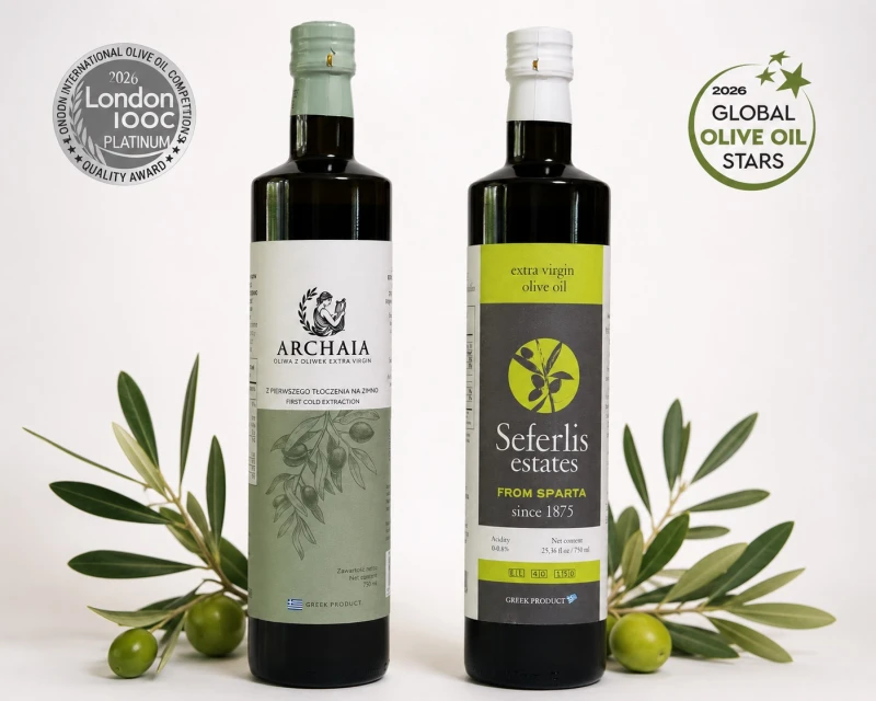 ARCHAIA i Seferlis Estates, oliwa Platinum London 2026, nagradzana oliwa grecka, zestaw dwóch oliw, grecka oliwa premium,  oliwa extra virgin 750 ml, , zestaw oliw na prezent, najlepsza grecka oliwa, oliwa Koroneiki Athinolia